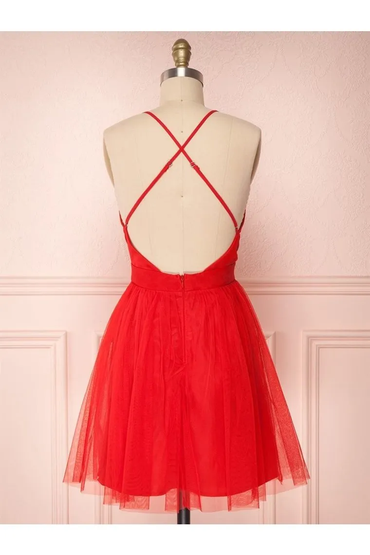 A Line V Neck Short Red/Burgundy Tulle Prom Dresses Homecoming Dresses