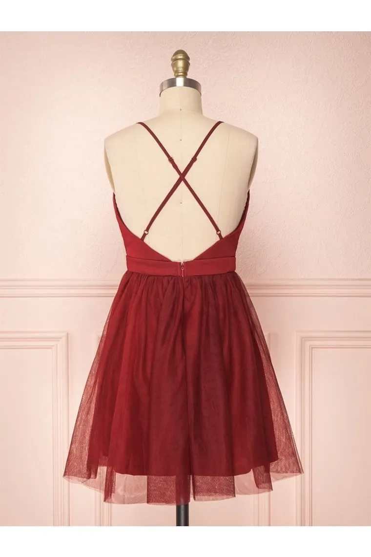 A Line V Neck Short Red/Burgundy Tulle Prom Dresses Homecoming Dresses