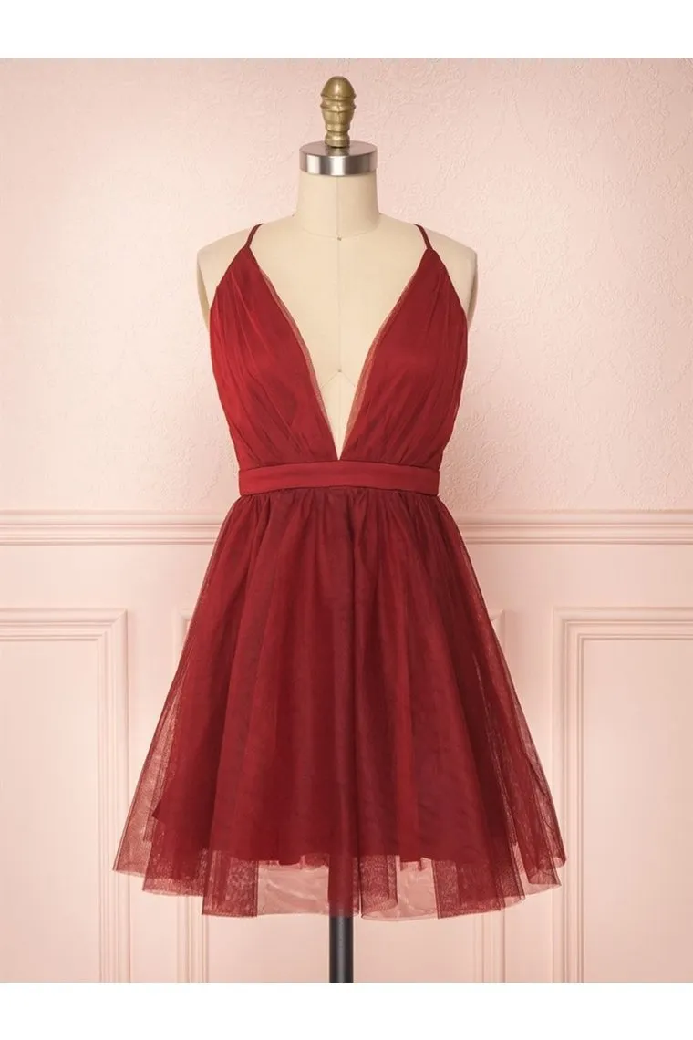 A Line V Neck Short Red/Burgundy Tulle Prom Dresses Homecoming Dresses