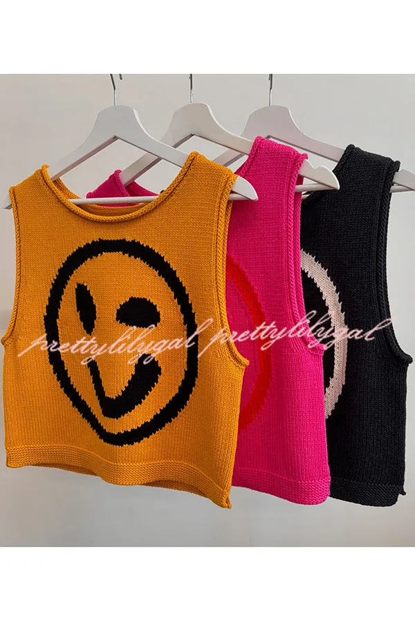 Always Happy Face Knit Unique Pattern Versatile Loose Tank Top