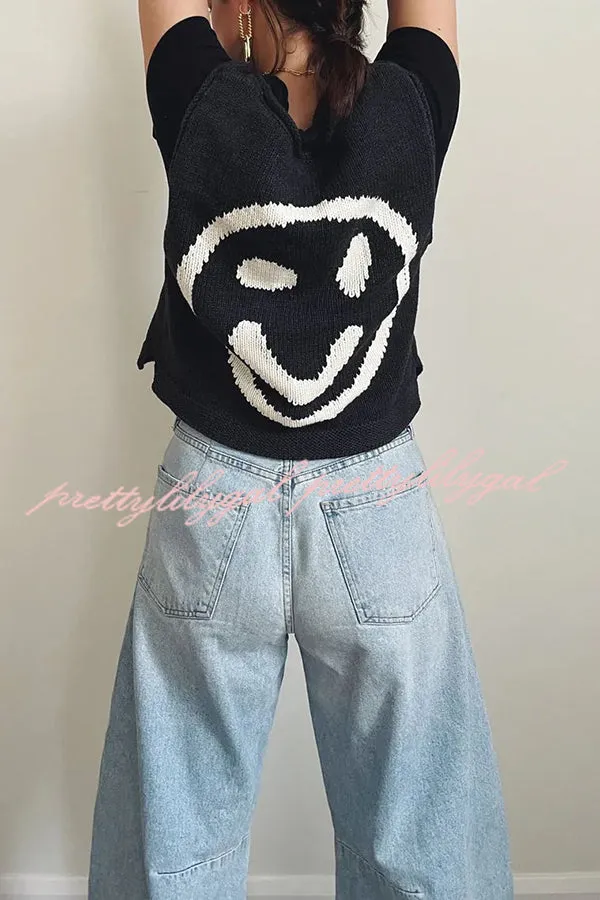 Always Happy Face Knit Unique Pattern Versatile Loose Tank Top