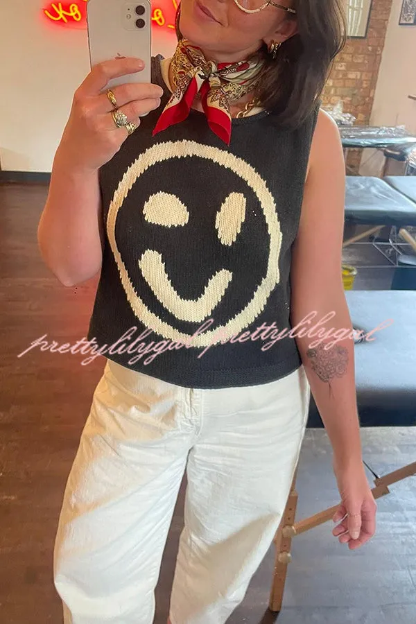 Always Happy Face Knit Unique Pattern Versatile Loose Tank Top