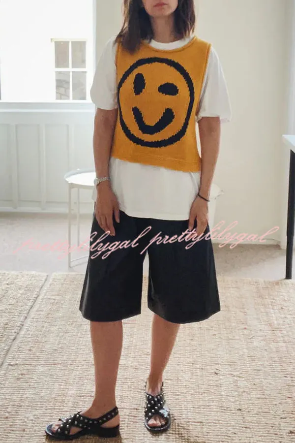 Always Happy Face Knit Unique Pattern Versatile Loose Tank Top