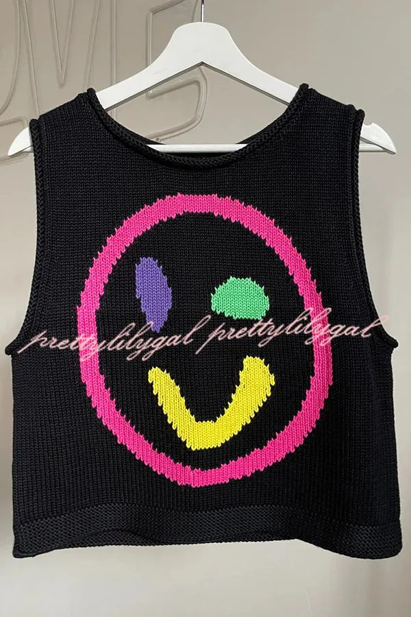 Always Happy Face Knit Unique Pattern Versatile Loose Tank Top