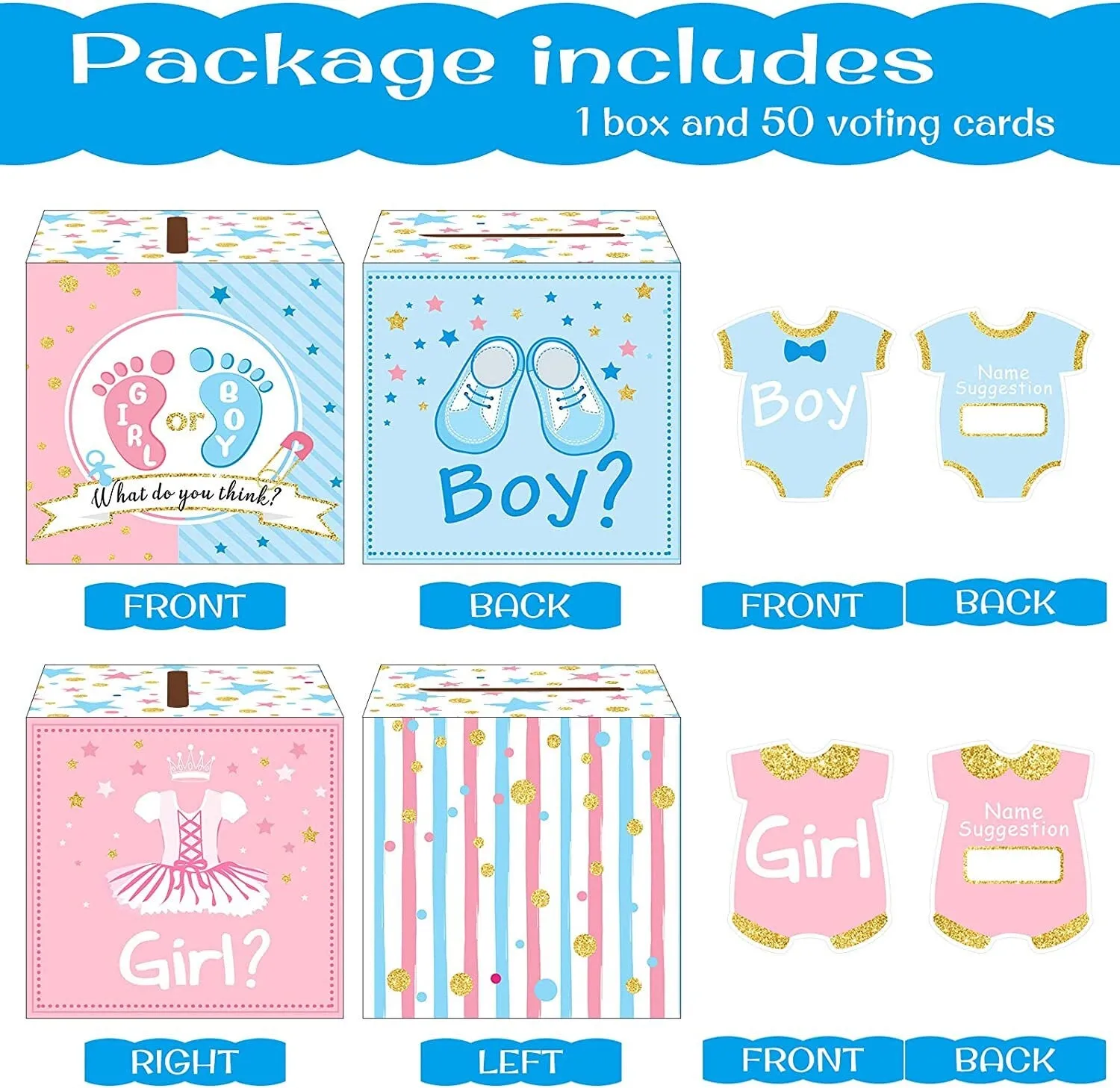 Baby Gender Reveal Voting Box with 50 Pieces Ballot Cards Baby Shower Decorations Party Invitations