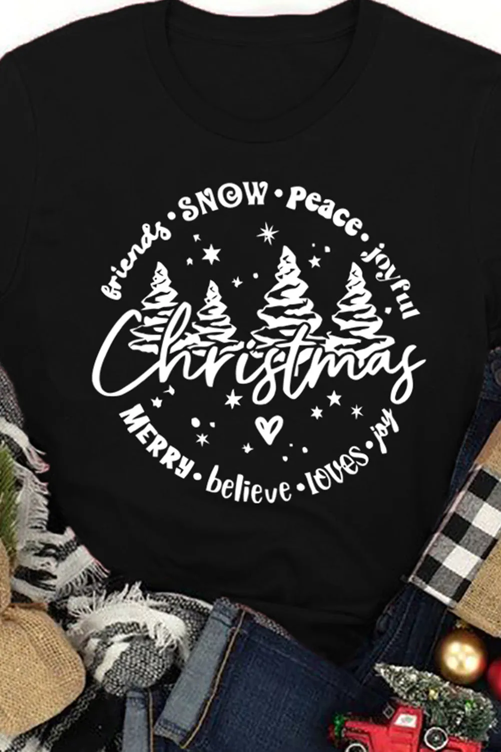 Black Christmas Tree Letter Graphic Print Top