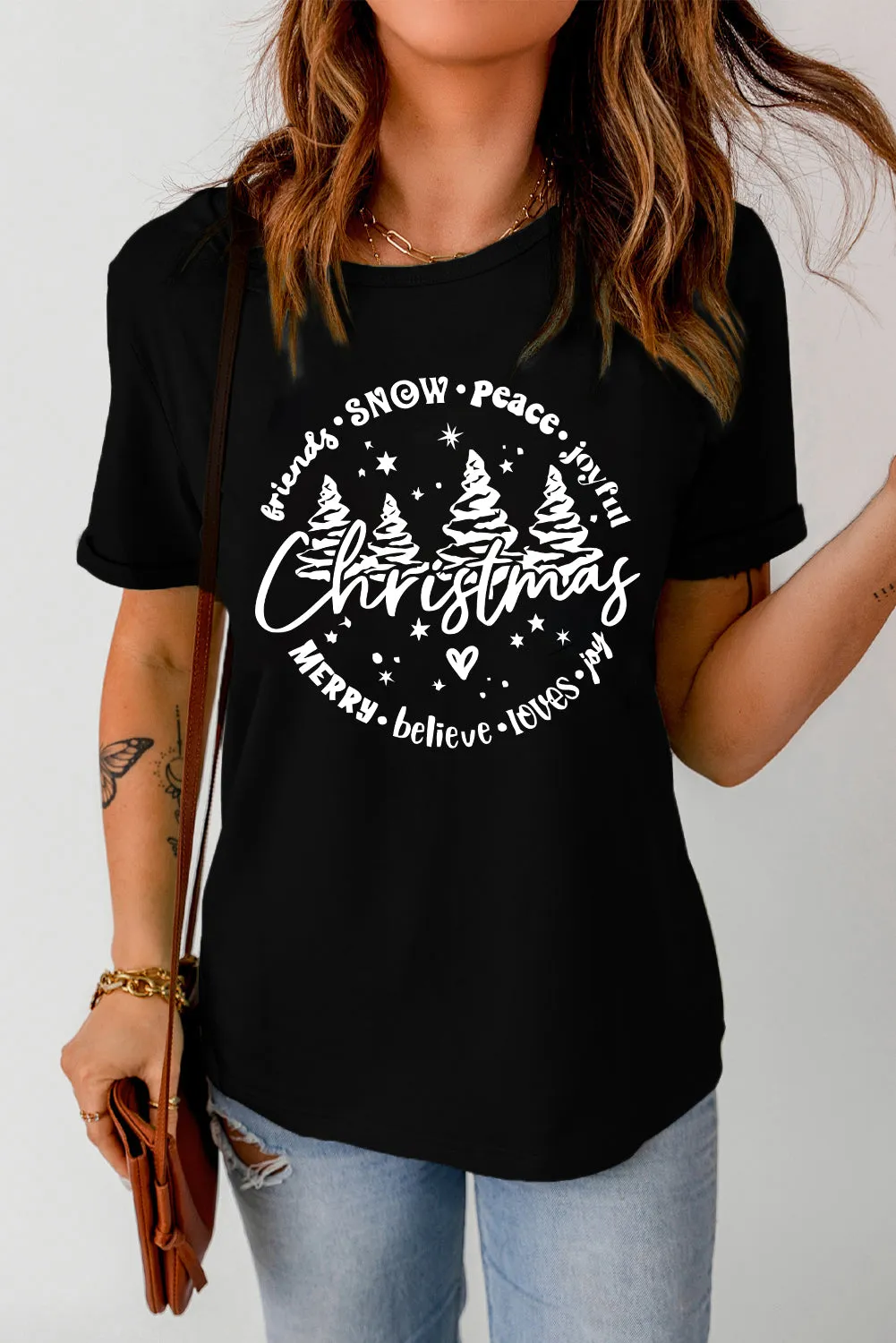 Black Christmas Tree Letter Graphic Print Top