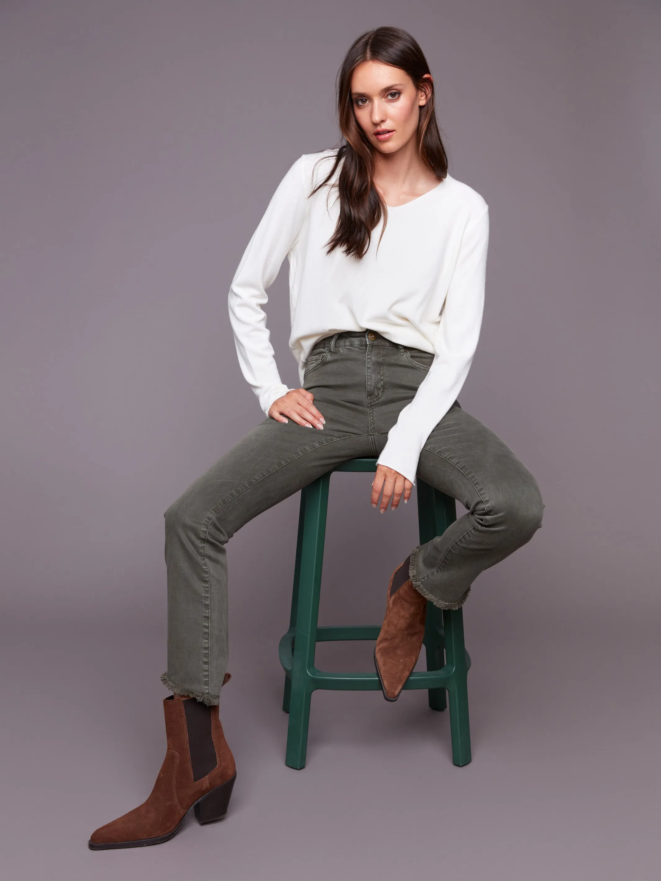 Bootcut Twill Pants with Asymmetrical Hem - Spruce