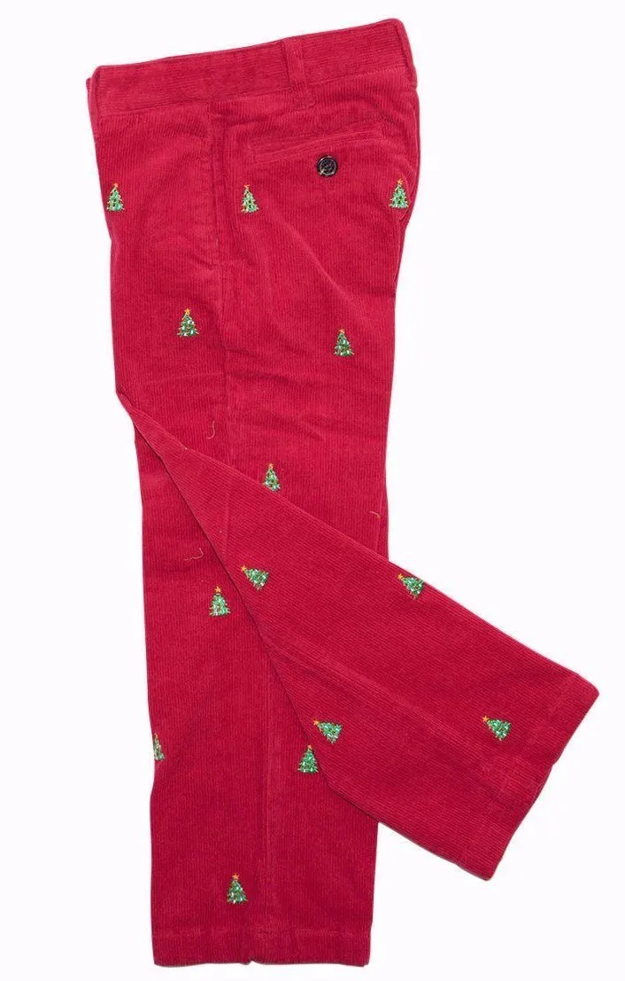 Boys Beachcomber Corduroy Pant Crimson with Christmas Tree