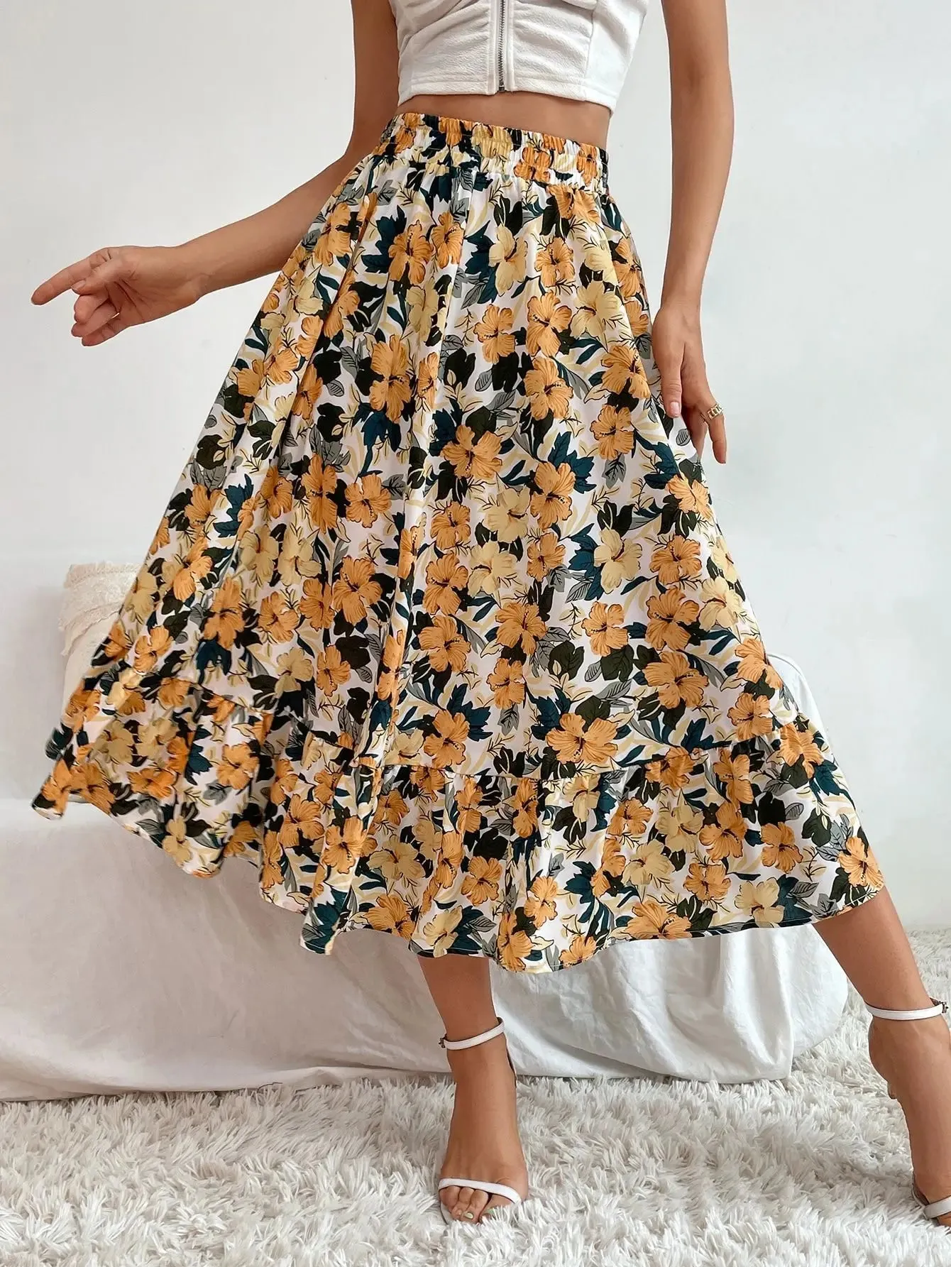 Chic Floral Printed Midi Skirts