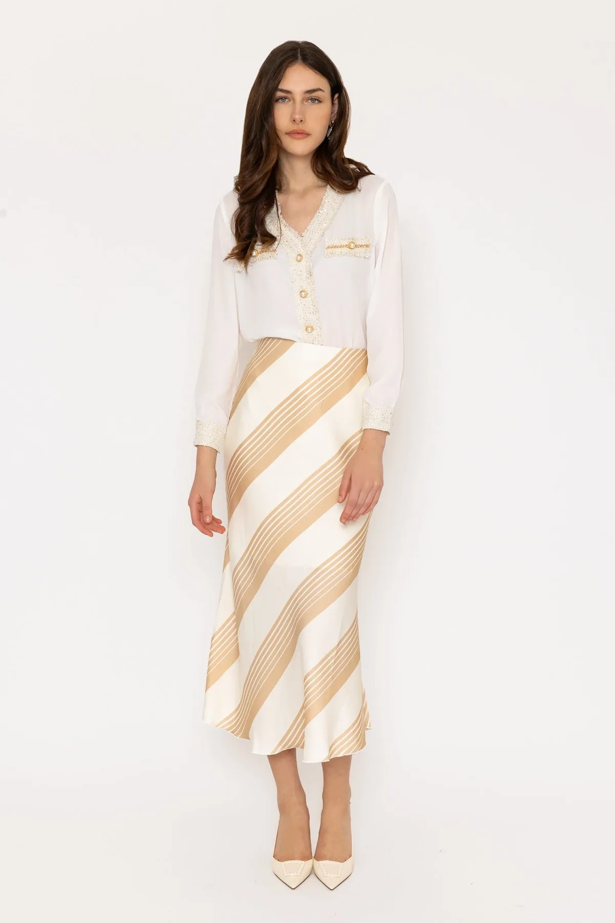 Cream Satin Stripe Midi Skirt