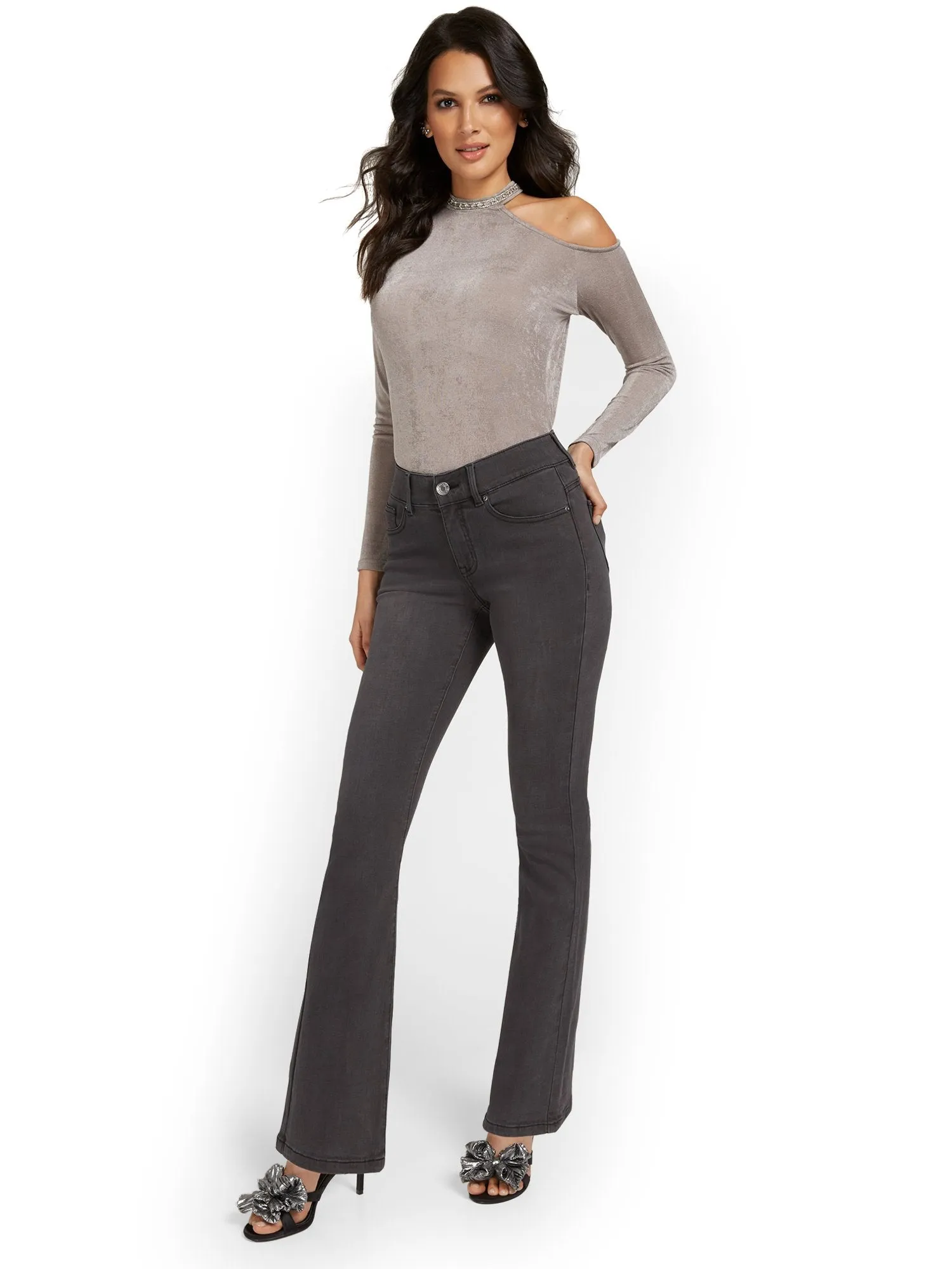 Curvy High-Waisted Bootcut Jeans - Grey