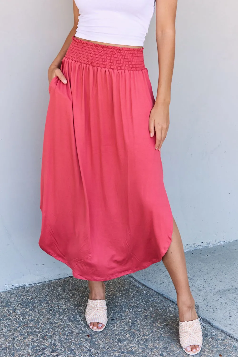 Doublju Comfort Princess High Waist Scoop Hem Maxi Skirt in Hot Pink