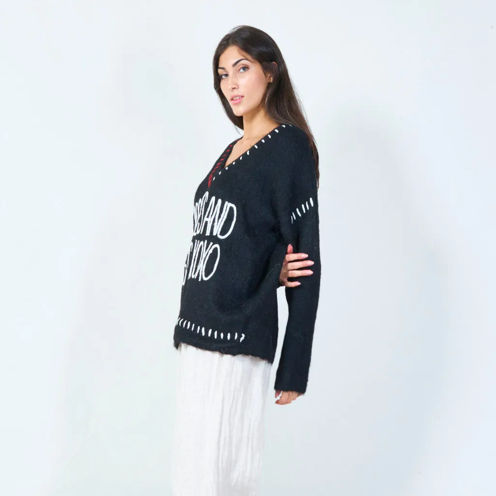 Embroidered v-neck oversized sweater wholesale