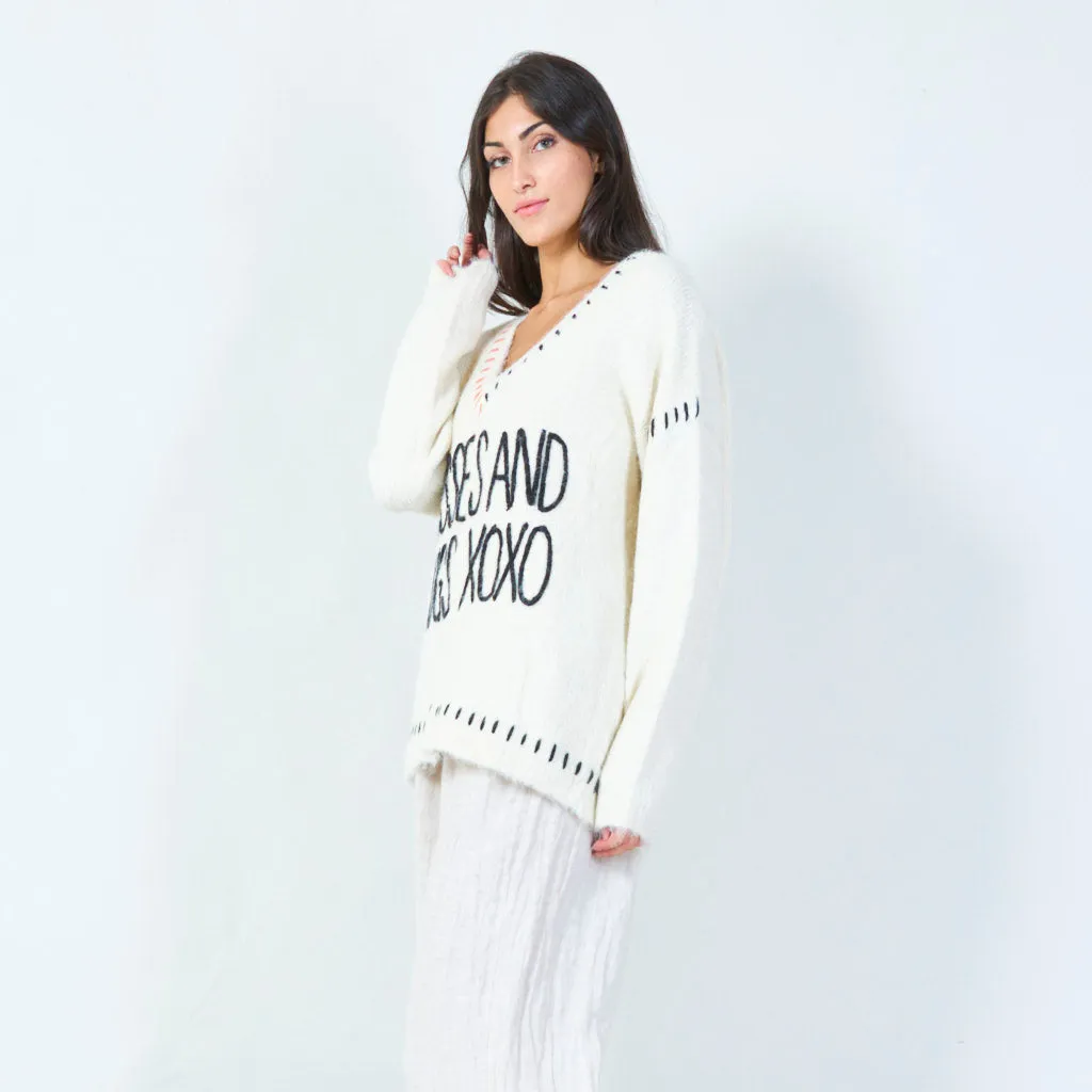 Embroidered v-neck oversized sweater wholesale