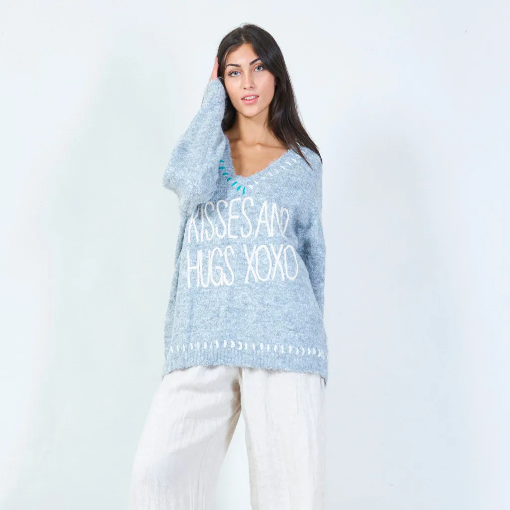 Embroidered v-neck oversized sweater wholesale