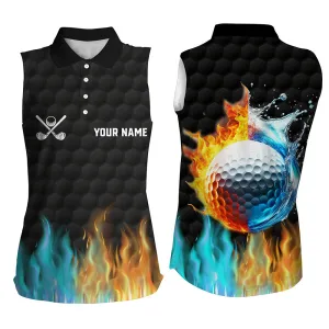 Fire And Water Golf Ball Black Womens Sleeveless Polo Shirts Custom Golf Apparel For Women