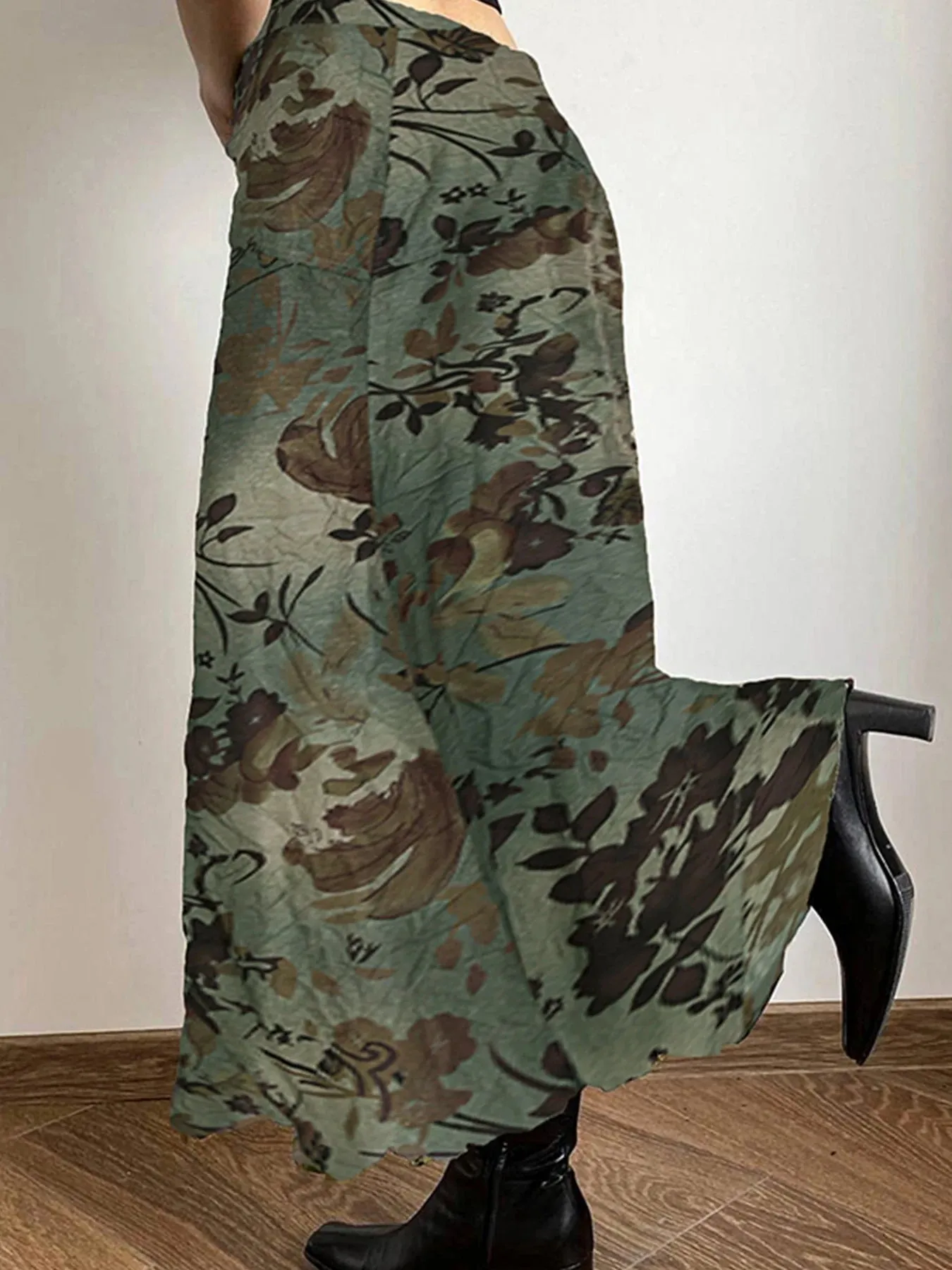 Forest Green Y2K Aesthetic Plant And Flower Print Long Skirts Womens Elegant Vintage Clothing