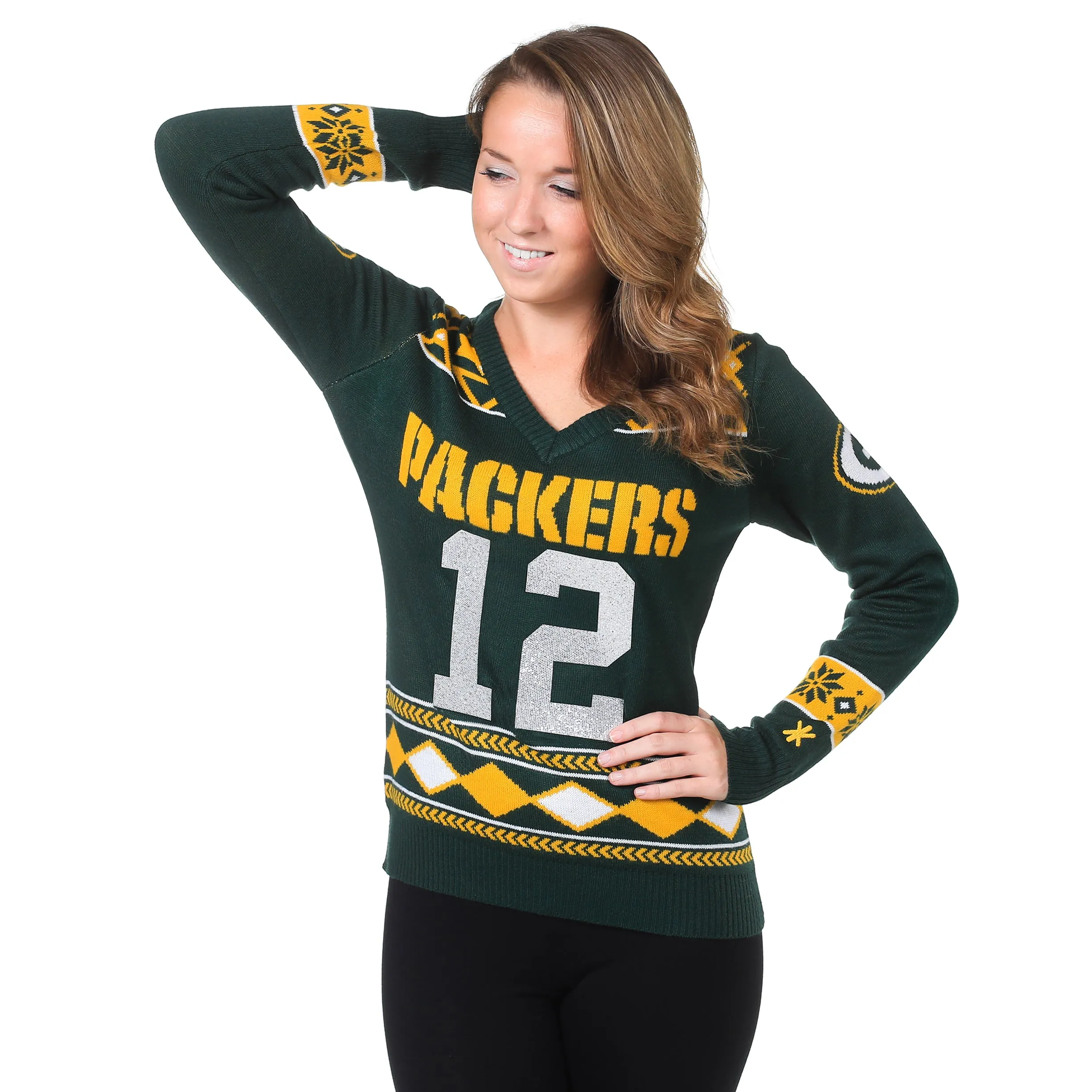 Green Bay Packers Aaron Rodgers #12 Glitter Player V-Neck Sweater