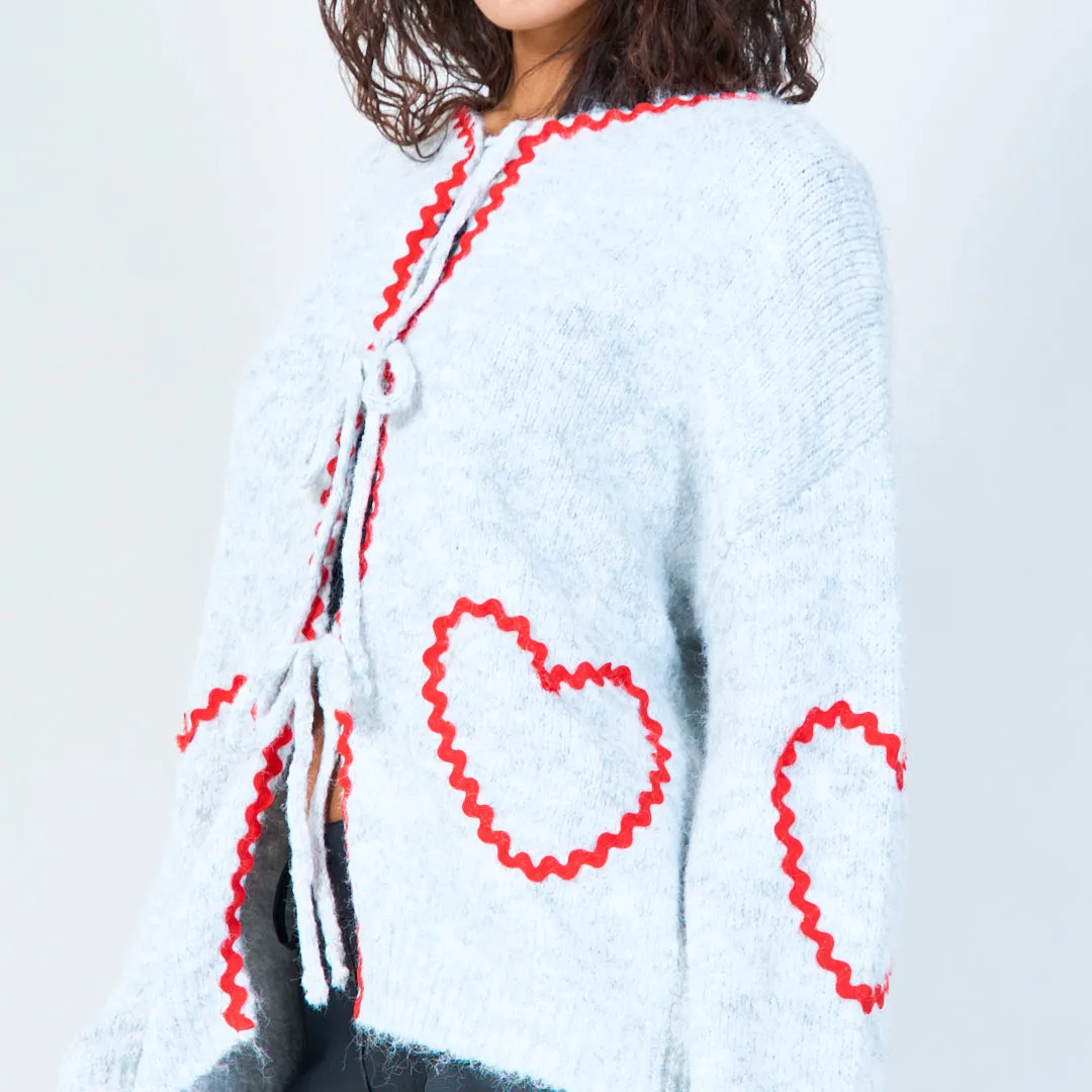 Heart-detail tie-front knit cardigan wholesale