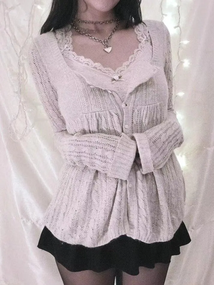 Joskaa Solid Pointelle Square Neck Knit Cardigan