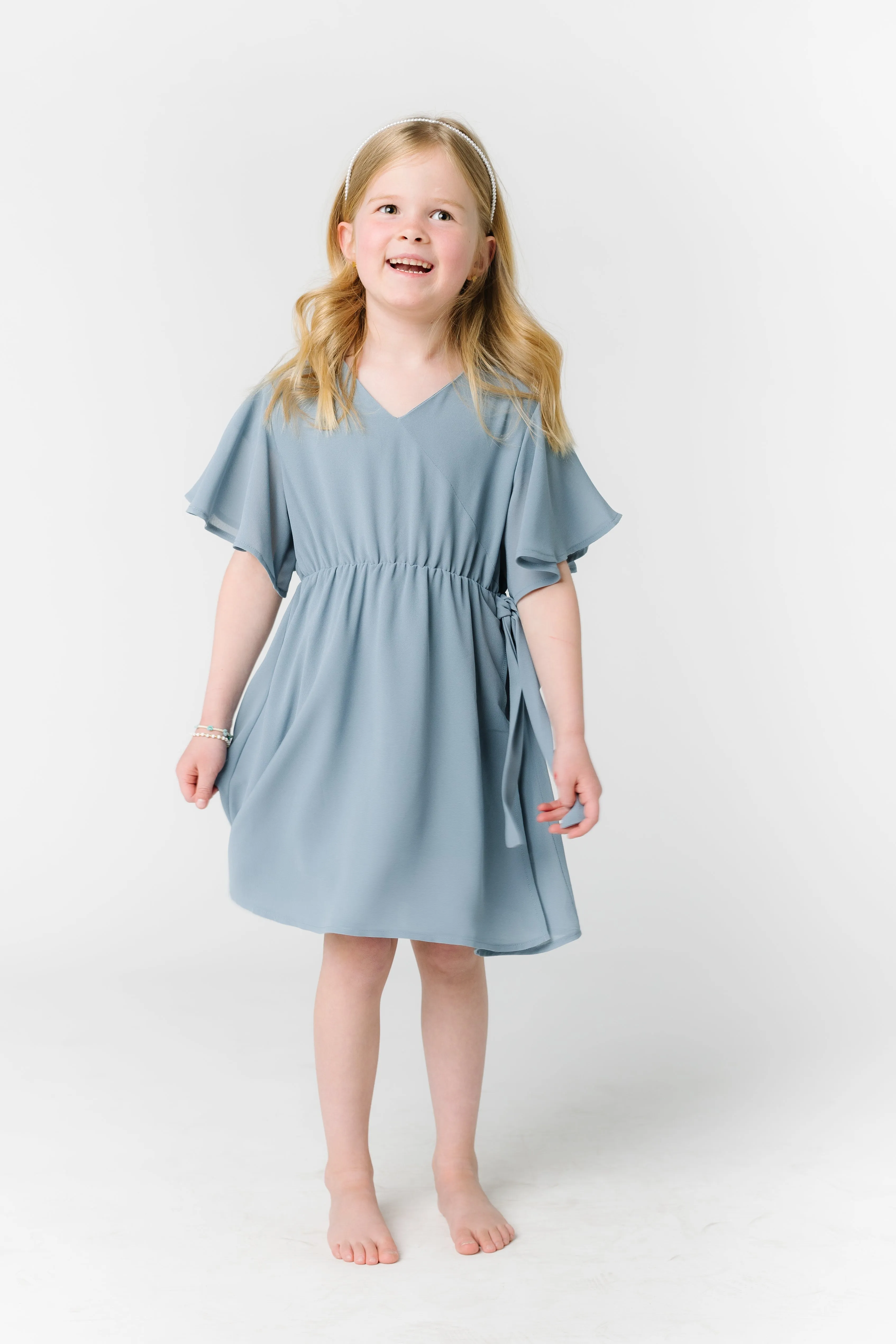 Little Naples Flutter Sleeve Girl's Dress - Dusty Blue