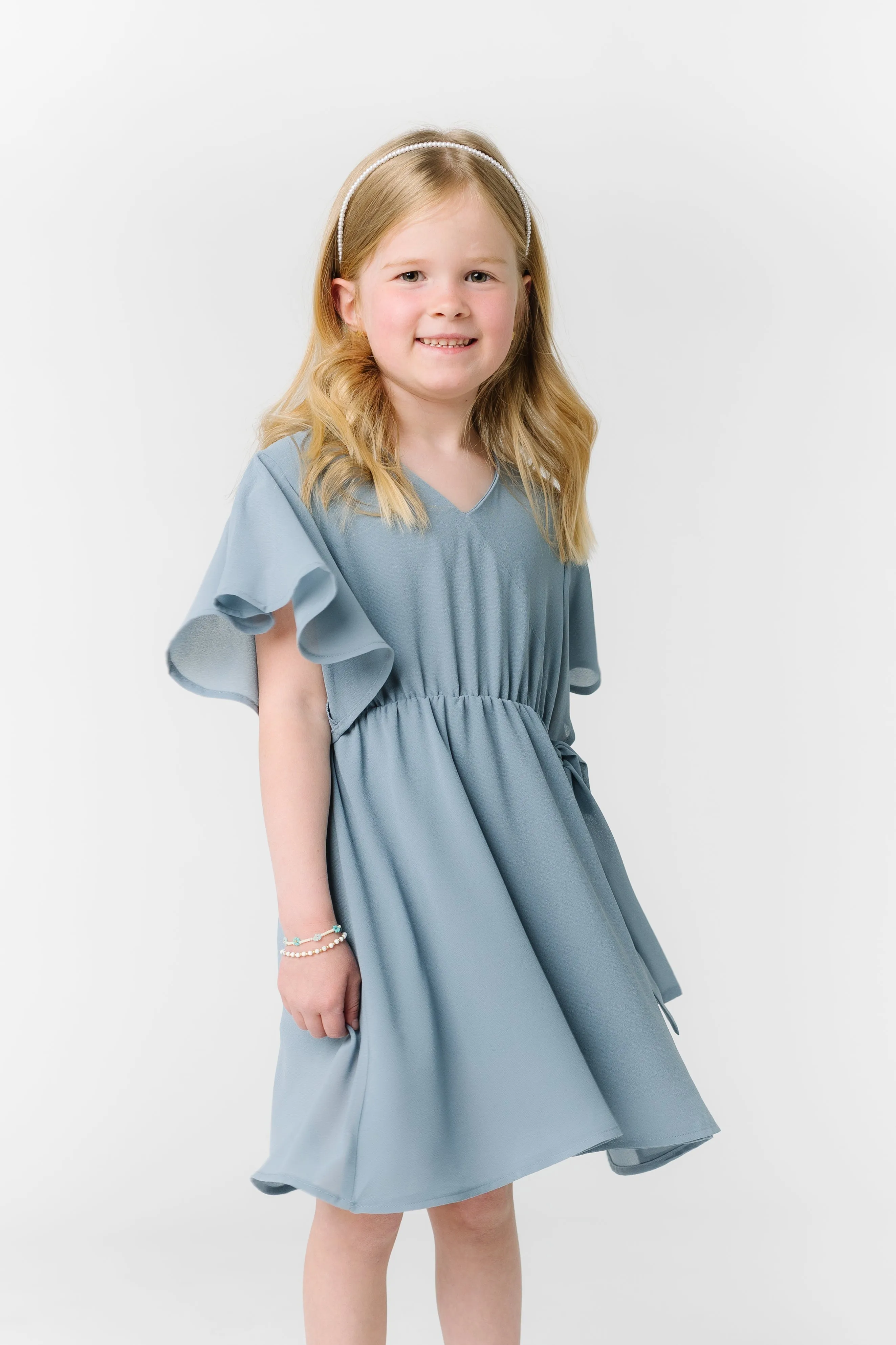 Little Naples Flutter Sleeve Girl's Dress - Dusty Blue