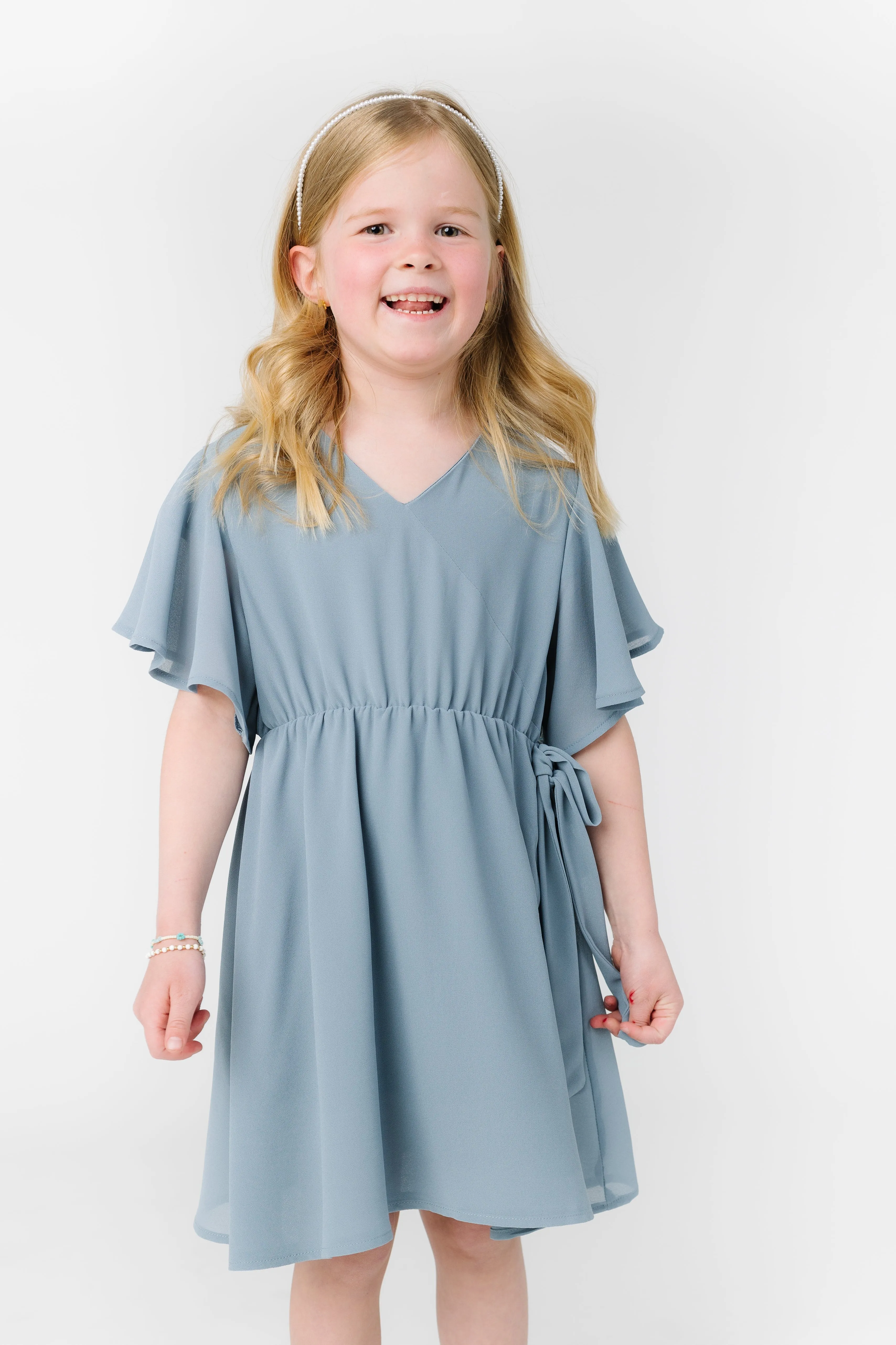 Little Naples Flutter Sleeve Girl's Dress - Dusty Blue