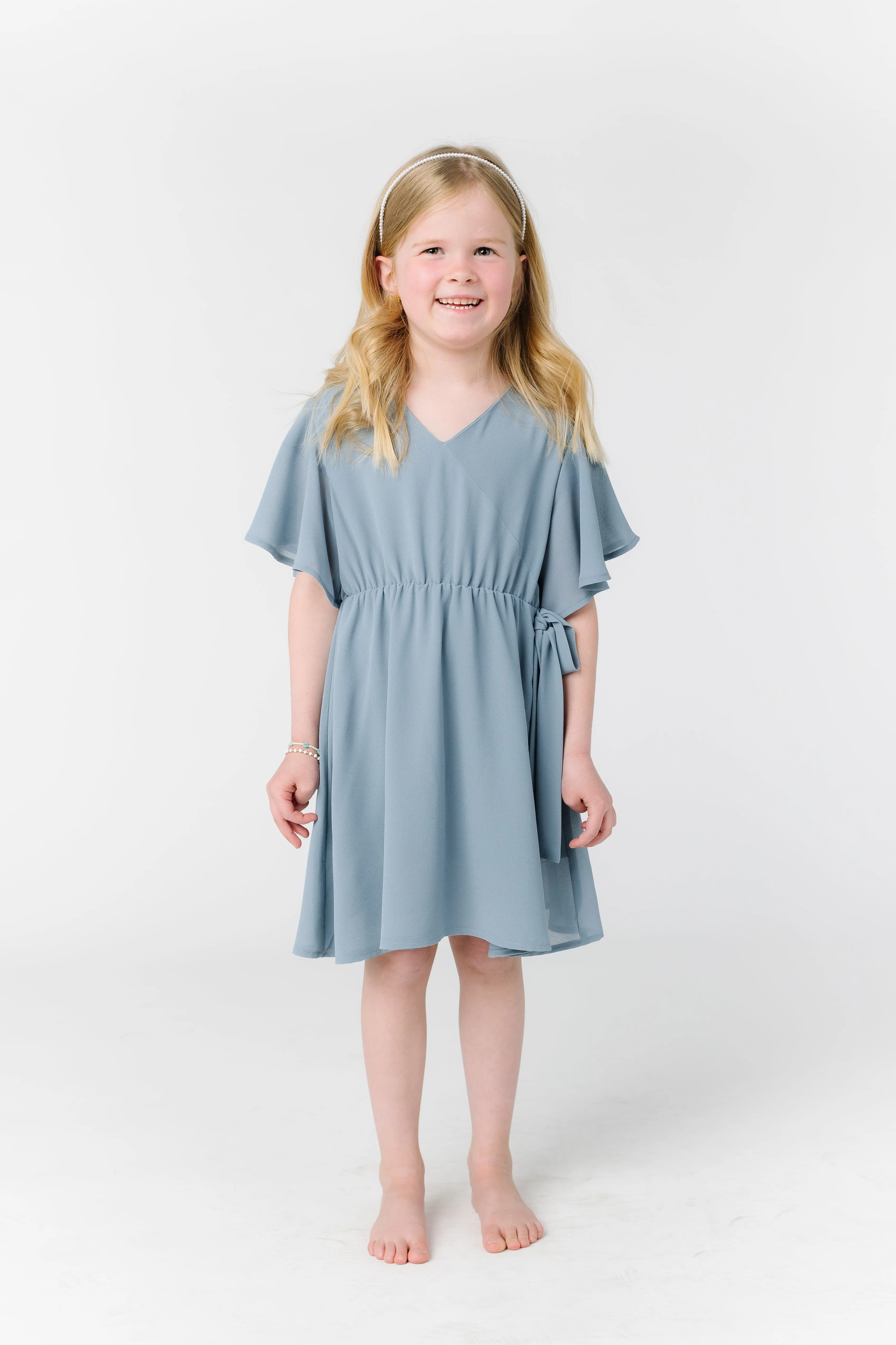 Little Naples Flutter Sleeve Girl's Dress - Dusty Blue