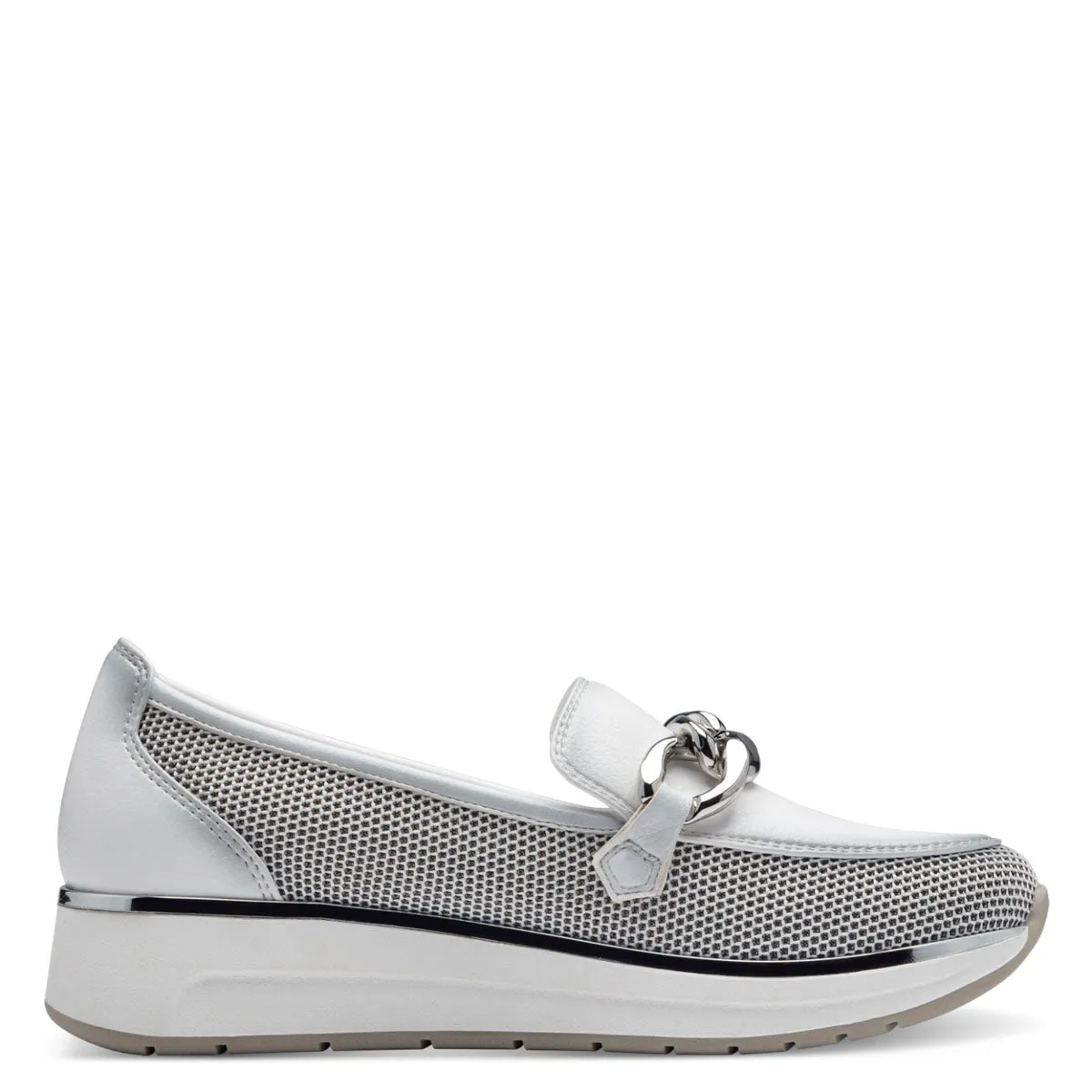 Marco Tozzi White Loafer with Silver Chain Detail and Wedge Sole