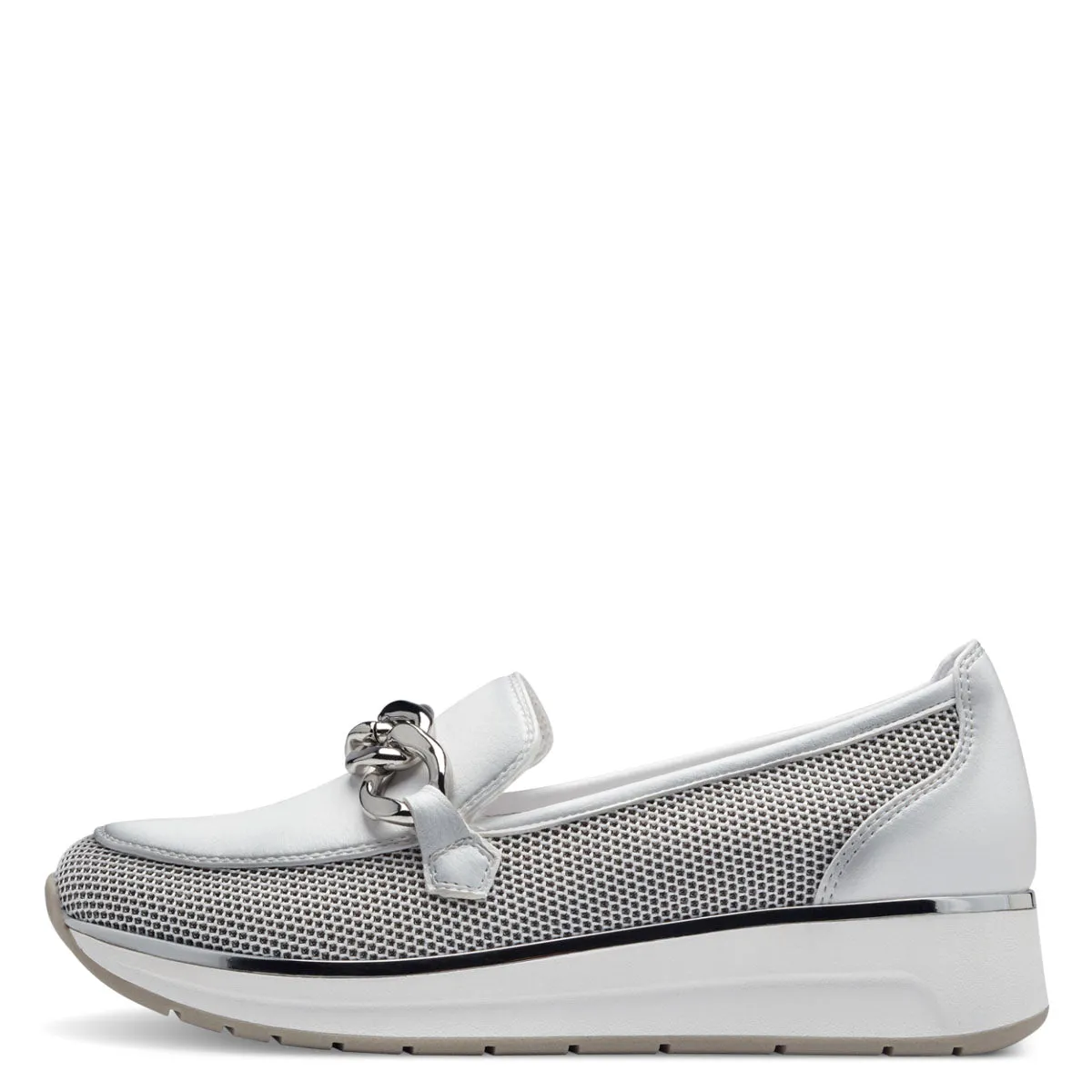 Marco Tozzi White Loafer with Silver Chain Detail and Wedge Sole