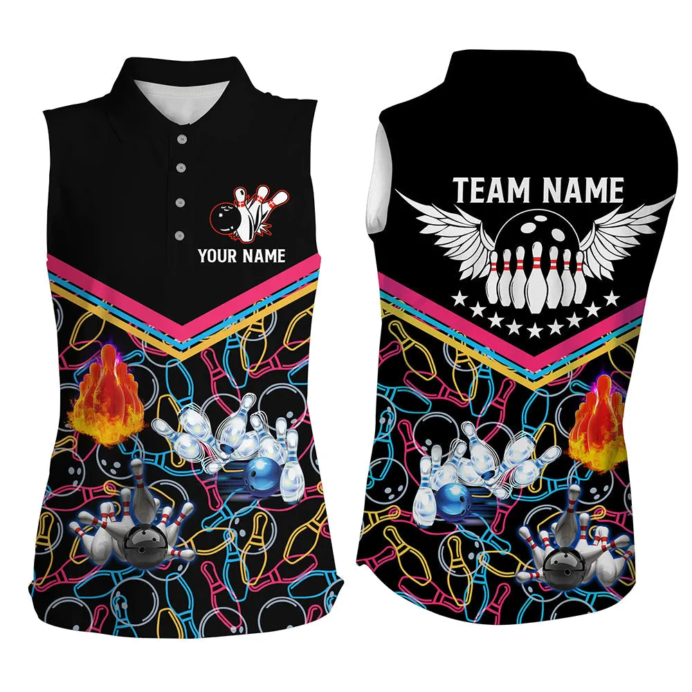 Multicolor Pattern Black Bowling Sleeveless Polo Shirts For Women, Custom Team Bowling Jerseys