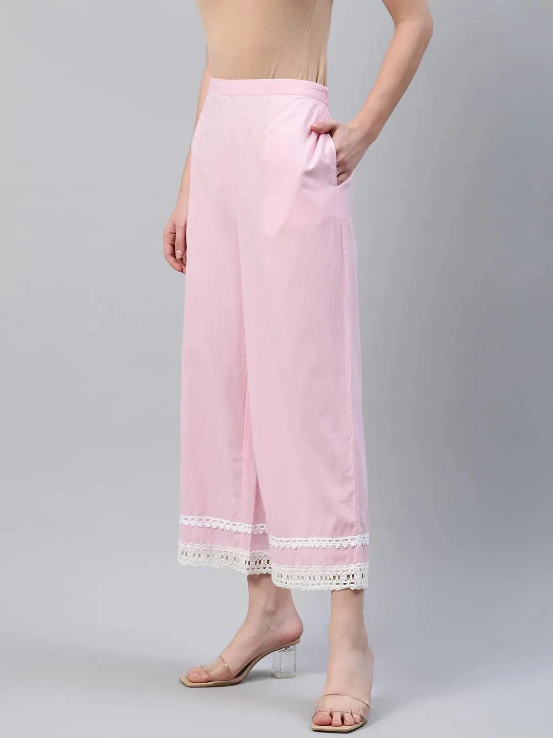 Pink Solid Cotton Palazzos