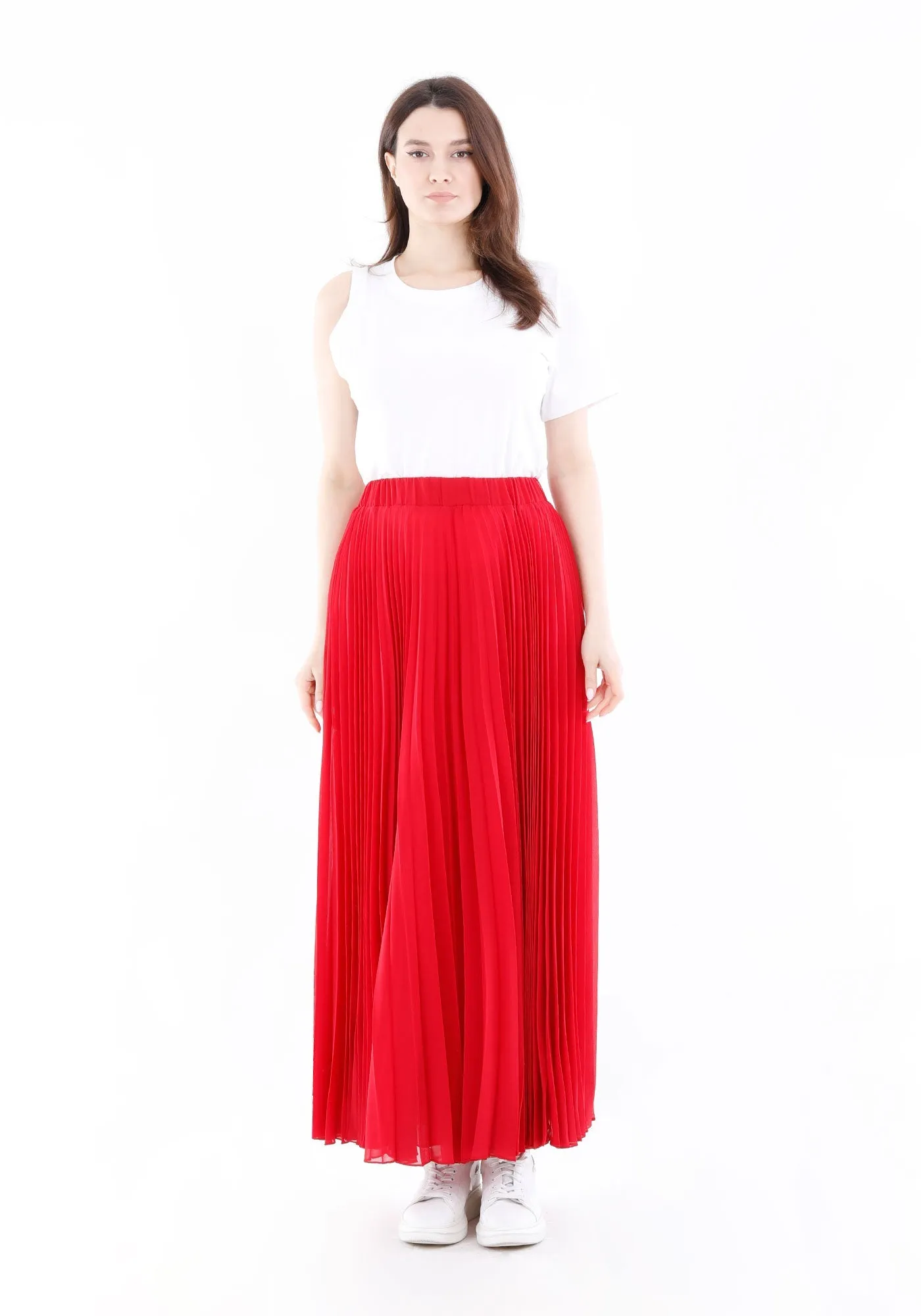 Red Chiffon Pleated Maxi Skirt with Elastic Waist Band