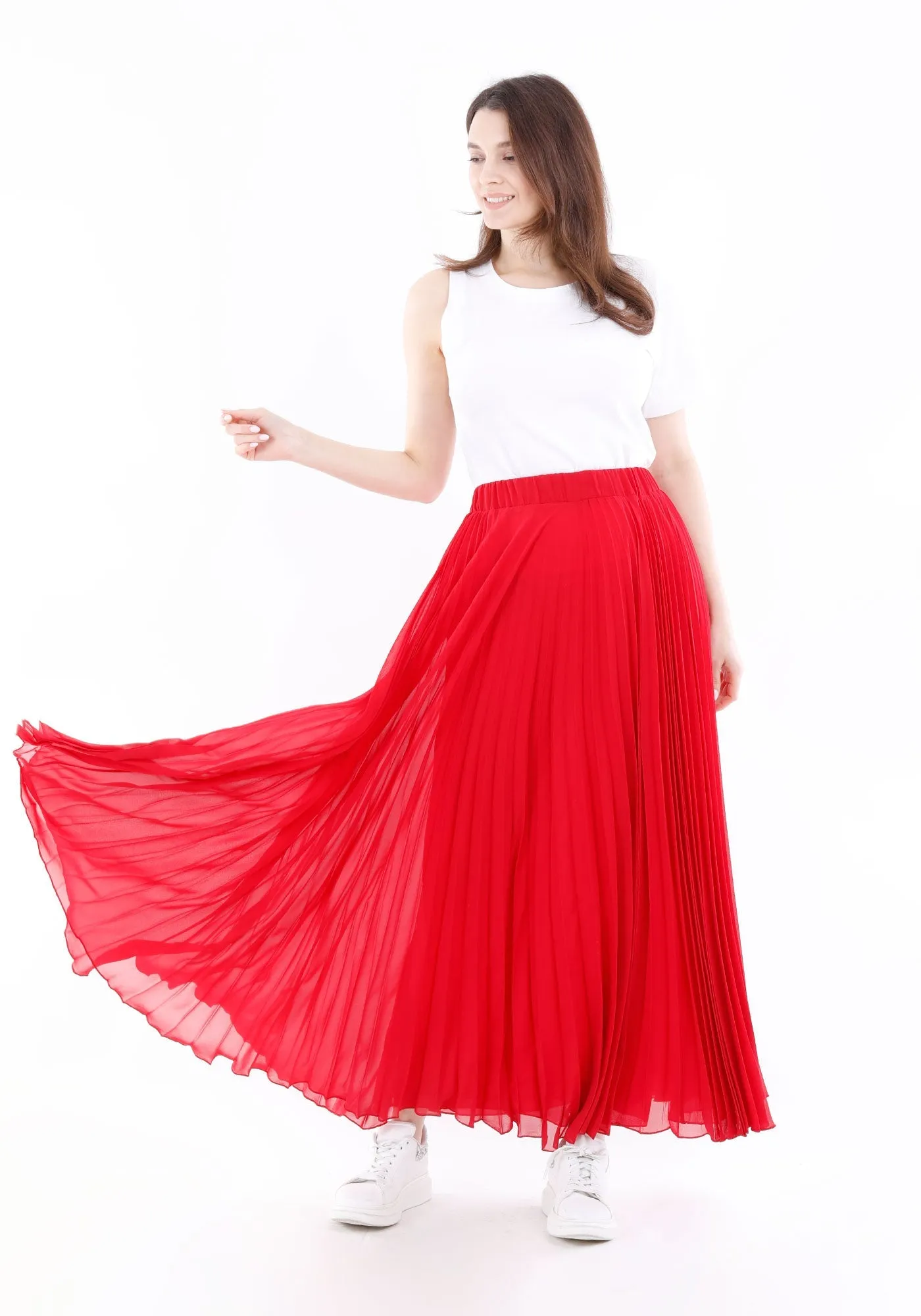 Red Chiffon Pleated Maxi Skirt with Elastic Waist Band