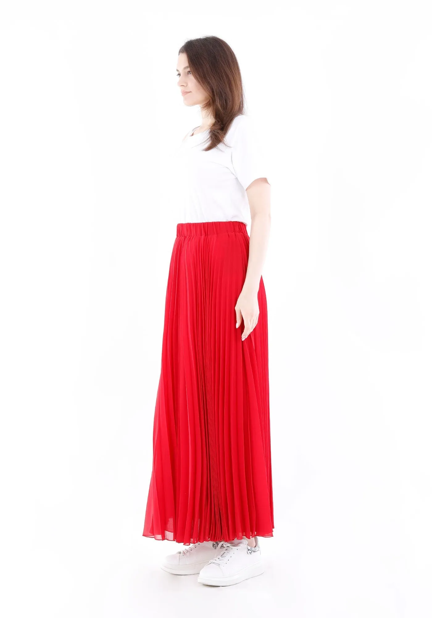 Red Chiffon Pleated Maxi Skirt with Elastic Waist Band