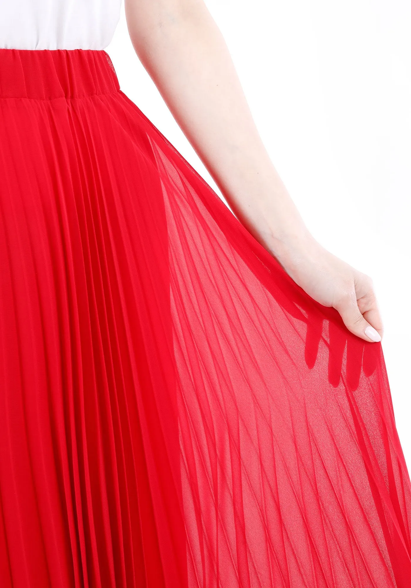 Red Chiffon Pleated Maxi Skirt with Elastic Waist Band