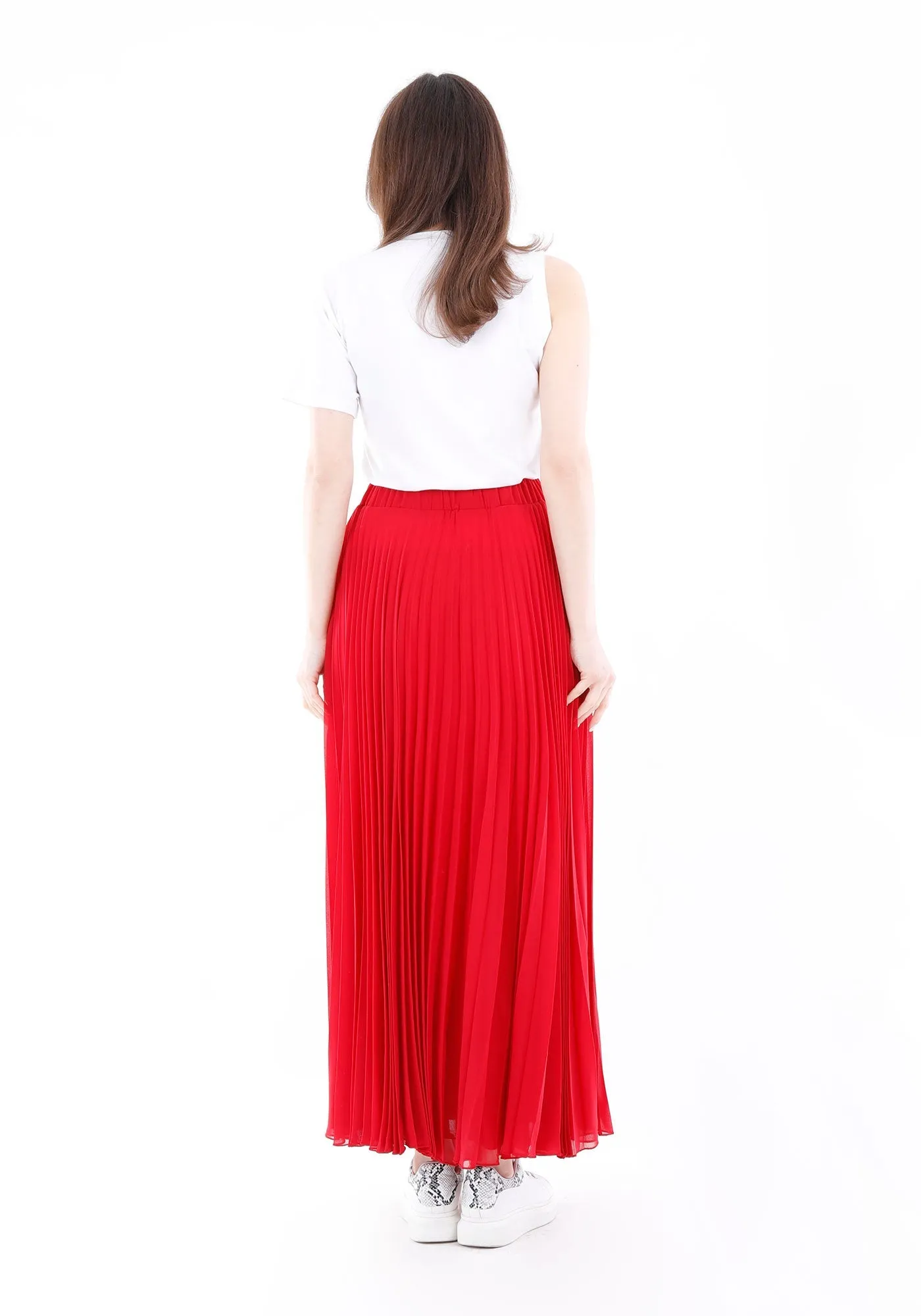 Red Chiffon Pleated Maxi Skirt with Elastic Waist Band