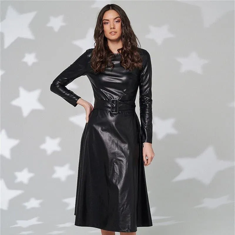 Simple round neck slim PU leather belt dress