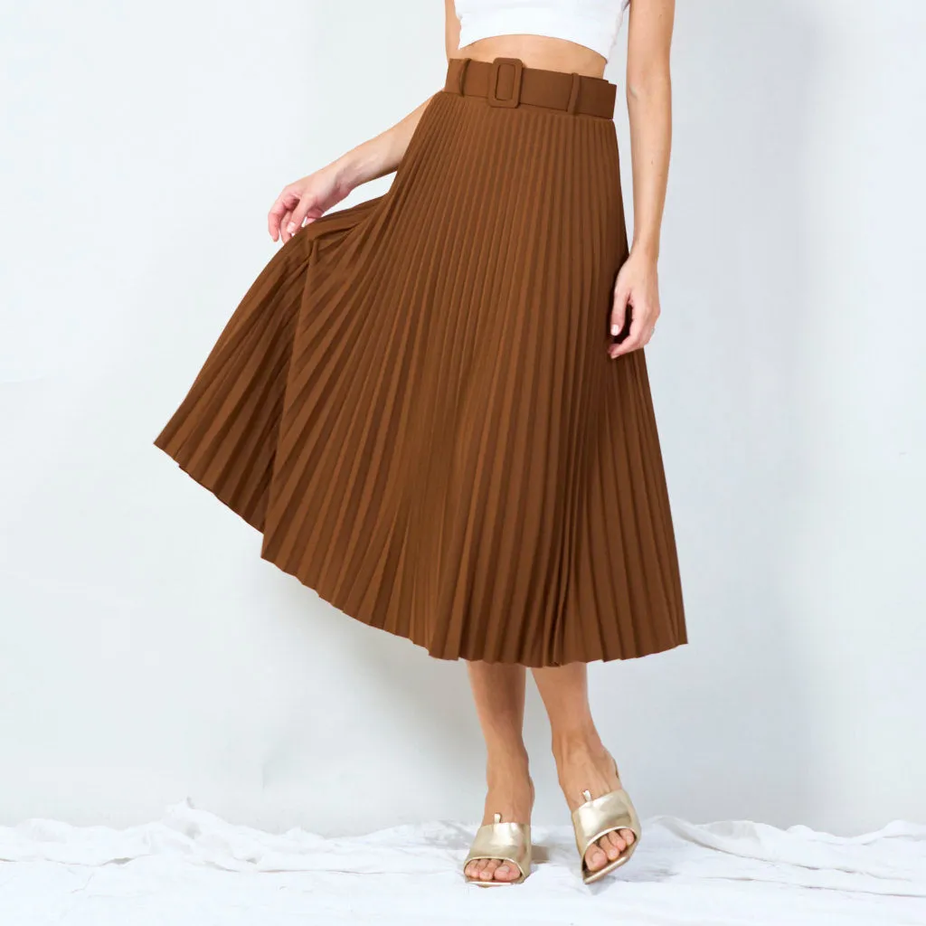 Stylish pleated midi skirt with belt wholesale