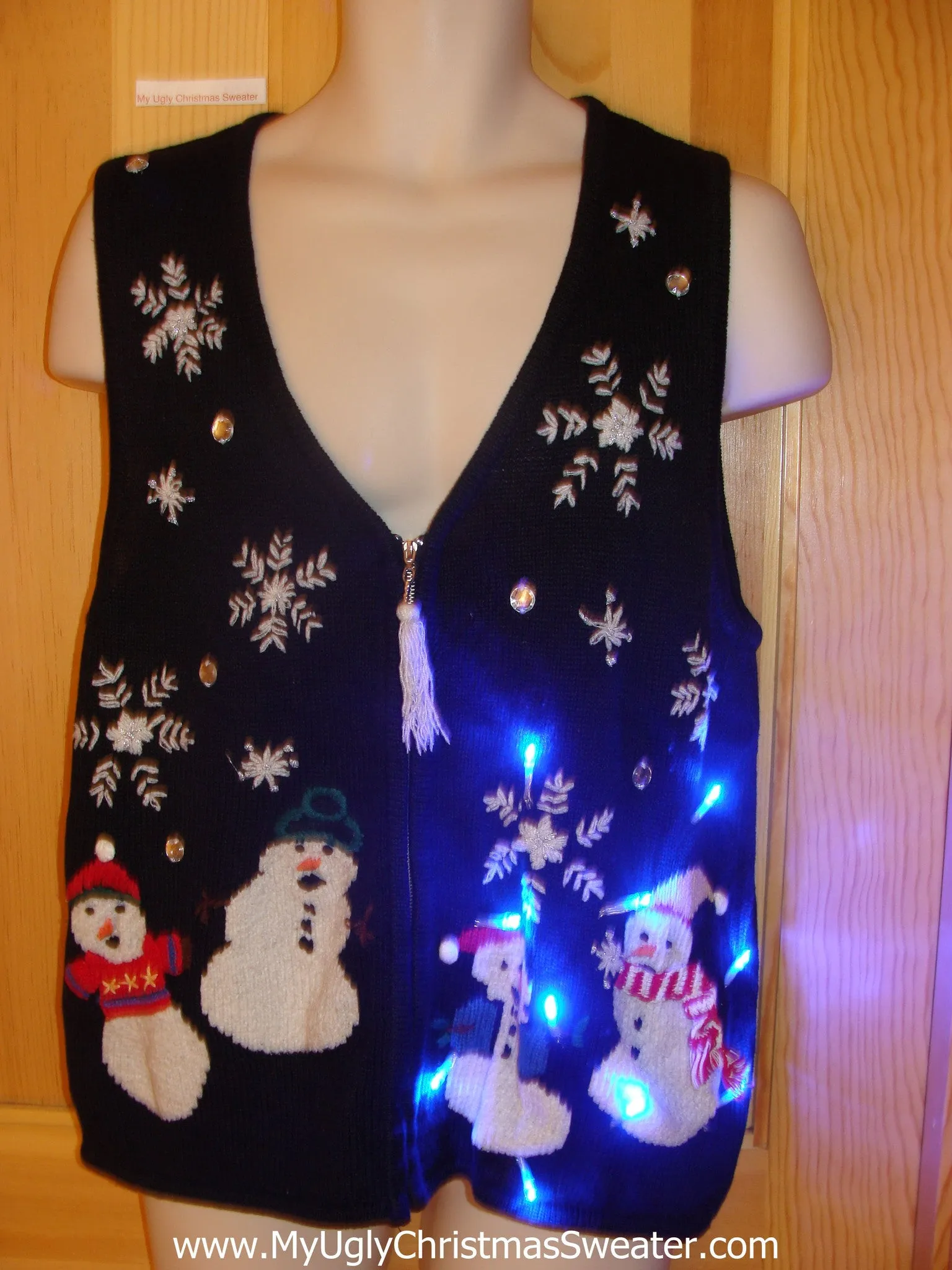 Tacky Light Up Christmas Sweater Vest Tassle Zip and Snowmen