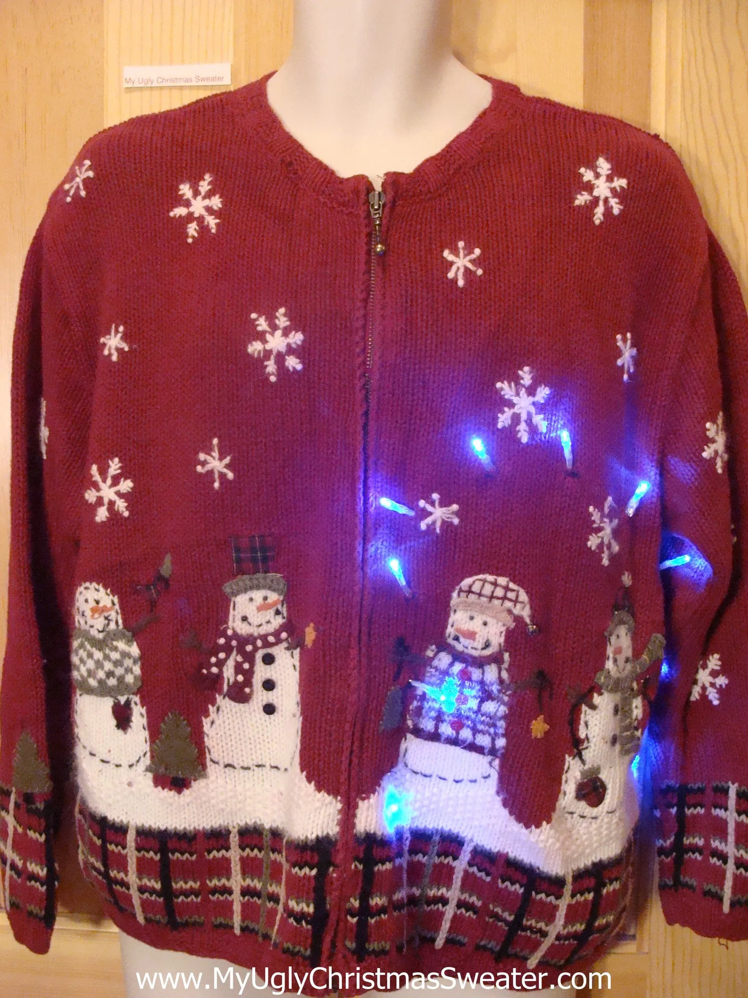 Tacky Red Light Up Christmas Sweater Snowmen and Plaid Trim