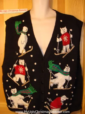 Tacky Ugly Christmas Sweater Vest Festive Skiing Bears (f83)