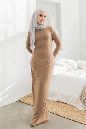 Tan Plain Fitted Spandex Maxi Dress