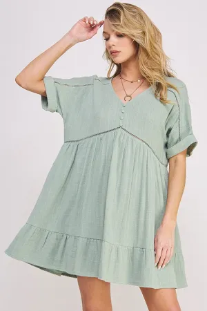 TEXTURED SHORT SLV BUTTON DOWN V-NECK SHORT DRESS