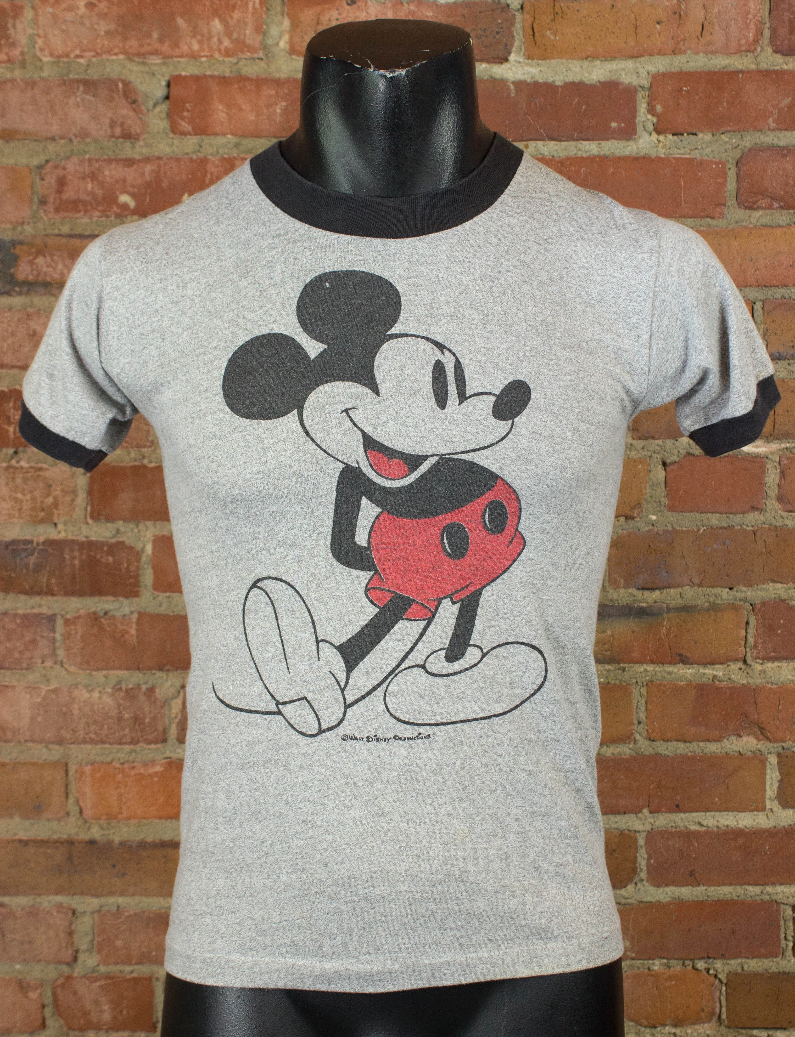 Vintage Mickey Mouse Graphic T Shirt 70s Grey Ringer XS