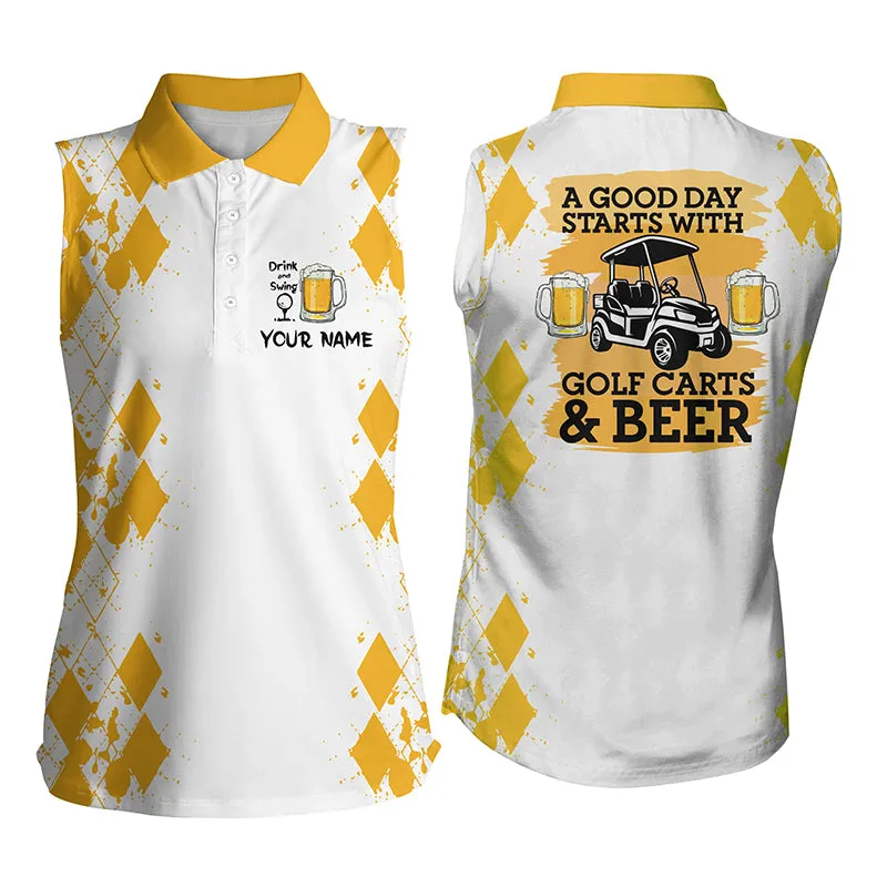 Women sleeveless polo shirt Custom A good day starts with golf carts and beer, funny golf beer shirts